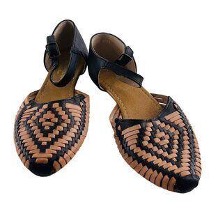 Macarena Collection Womens Black & Tan Leather Woven Flats